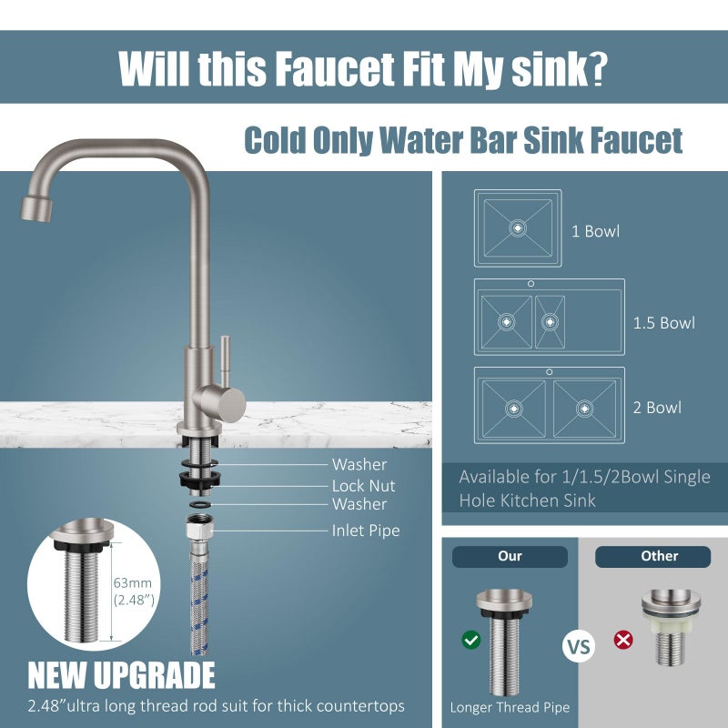 Aolemi Cold Only Water Kitchen Faucet Commercial Bar Tap Single Lever Handle 304 Stainless Steel Brushed Nickel Decked Mounted Single Hole Modern - Image 5